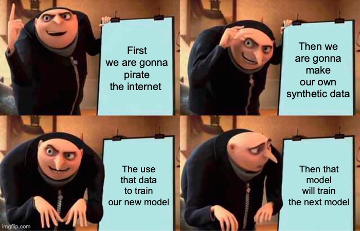 Gru's 4-panel plan meme: First pirate internet, make synthetic data, train new model, then that model trains the next model