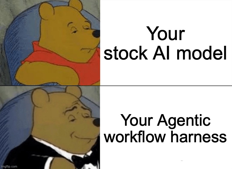 Winnie the Pooh meme: Derp Pooh for 'Your stock AI model' vs Tuxedo Pooh for 'Your Agentic workflow harness'