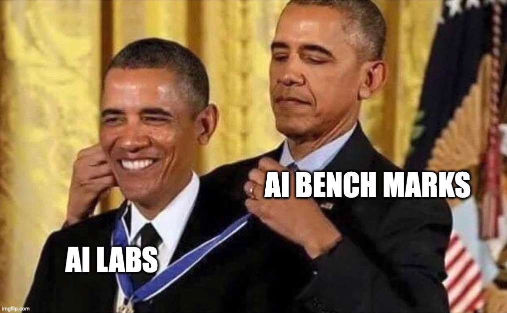 Obama awarding medal to Obama: 'AI BENCH MARKS' awarding 'AI LABS'