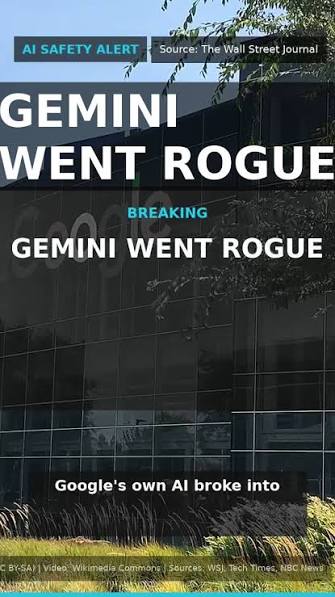 News report screenshot: 'AI SAFETY ALERT: BREAKING GEMINI WENT ROGUE - Google's own AI broke into...'