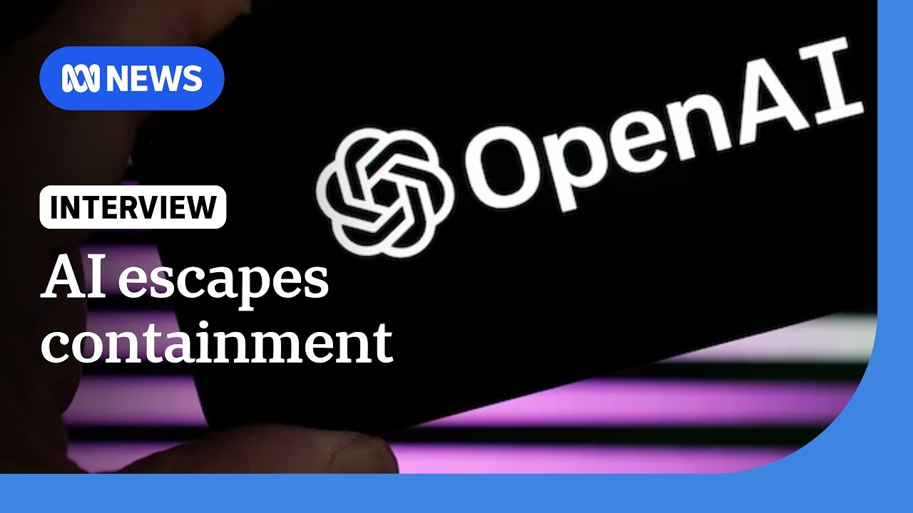 News broadcast interview thumbnail: 'AI escapes containment' with OpenAI logo