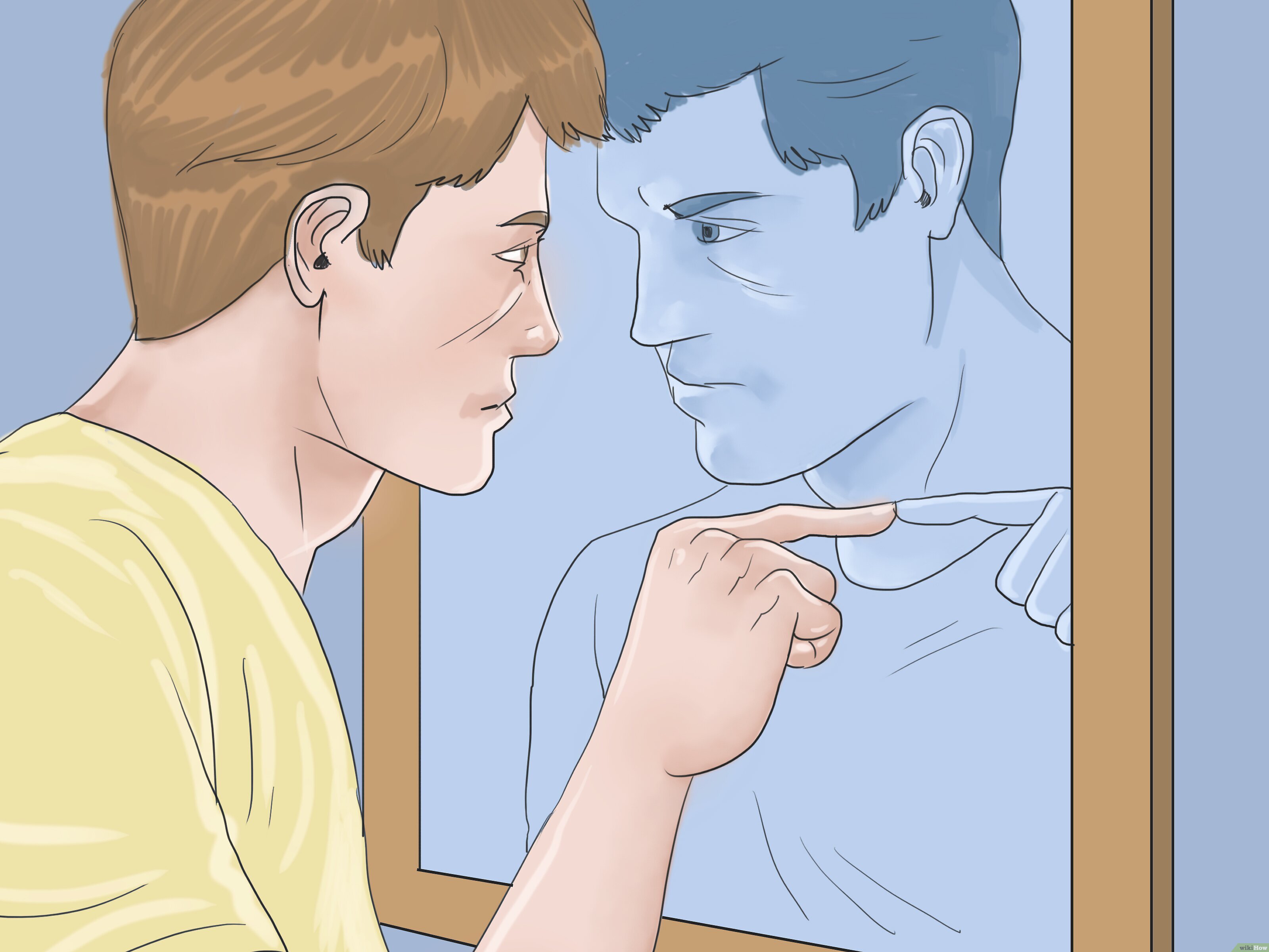 Illustration of a person staring closely at and touching their own reflection in a mirror